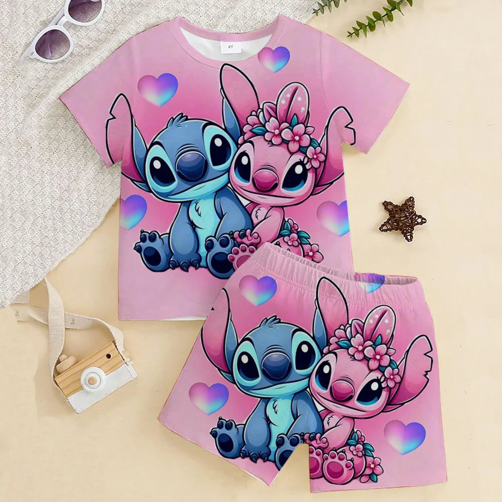 Stitch Children Clothes Round Neck T-shirts+ Shorts Sets Suitability 2-12 Years Boys Girl Casual Summer Short Sleeve Anime Print