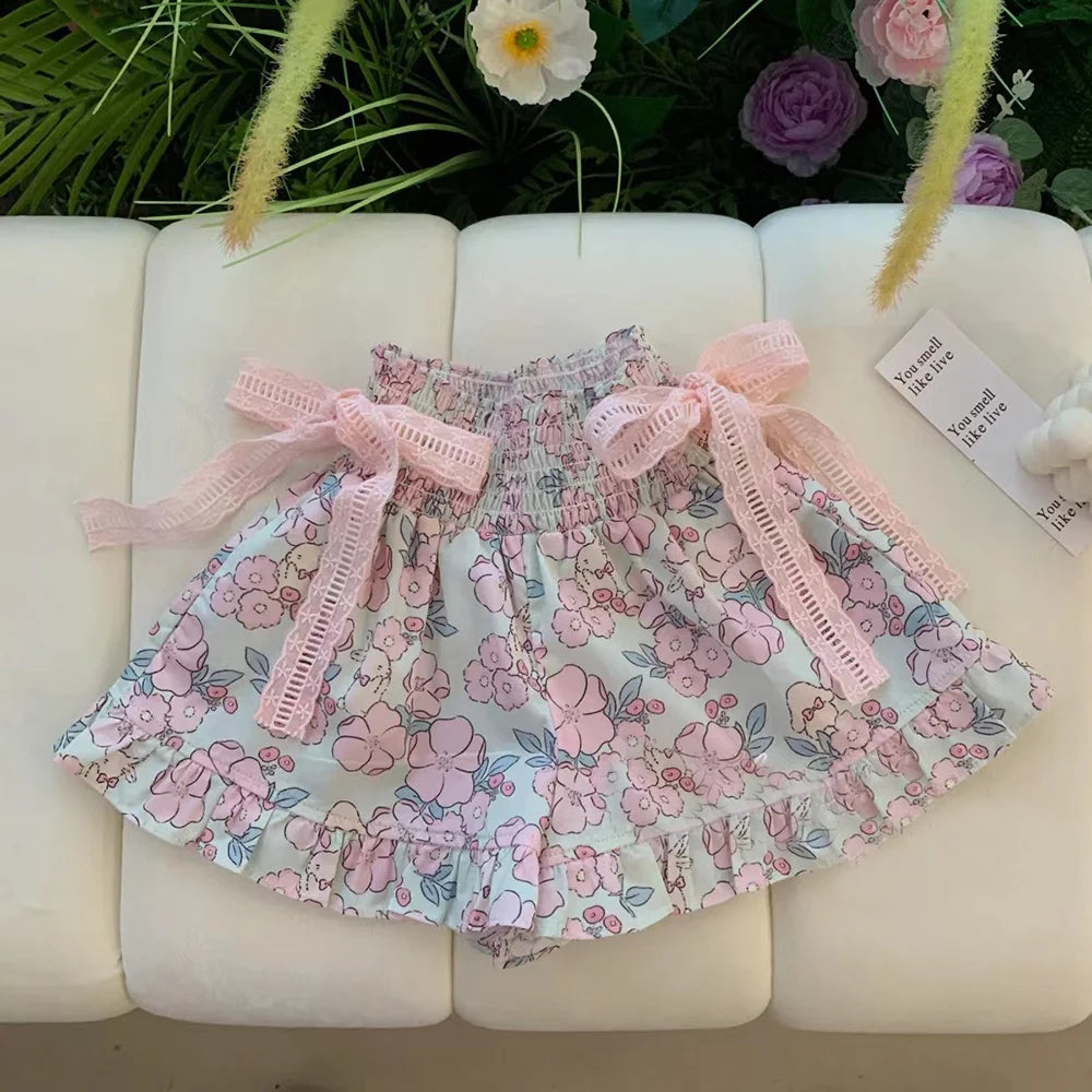 Bear Leader 2-6 Years Old Baby Girl's Cute Clothes Set Summer Lace Sleeveless Top+bow Flower Print Shorts Two Piece Set