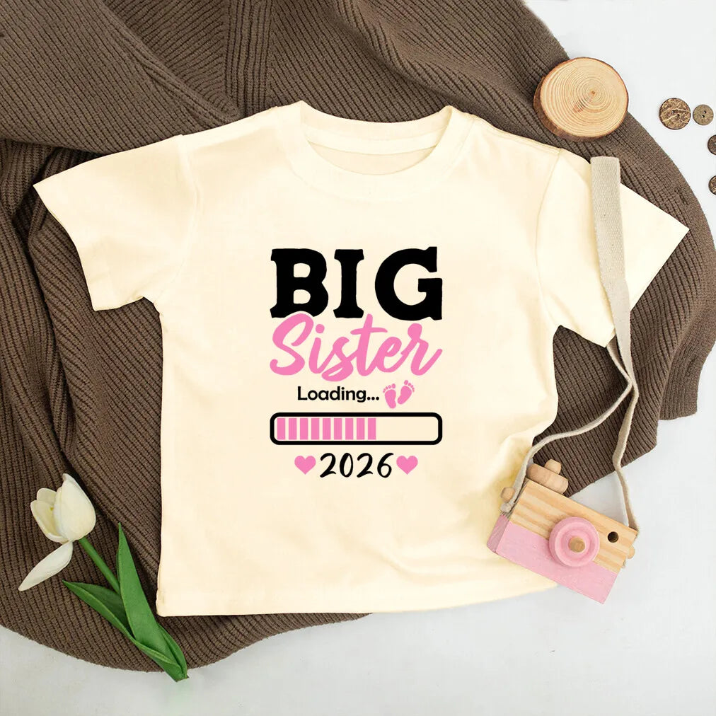 Big Sister Loading 2026 Printed Kids Shirt Pregnancy Announcement Clothes Big Sister T-shirt Child Summer Tee Kids Retro Outfit