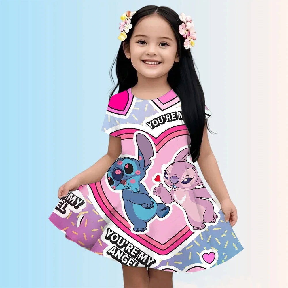 2025 Girls Stitch Dresses Princess Children's Clothing Cartoon Stitch Print Summer Fashion Baby Stitch Dress 3-14Y