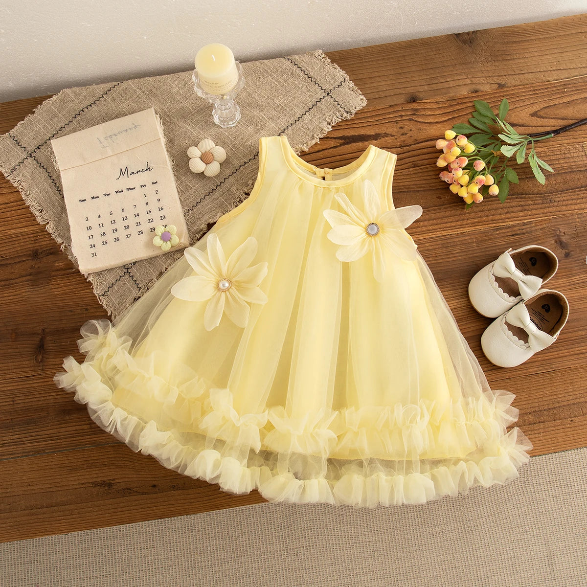 Baby Girl Pink Dress Flower Sweet Sleeveless Feather Gauze Princess Dress Wedding Party Dress for Kids Girl