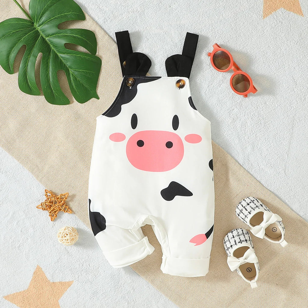 Baby Cute Sleeveless unisex Summer Cartoon Cow White Suspender Trousers For Casual Daily Wear