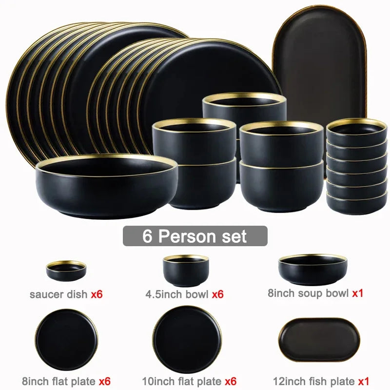 Porcelain Dinner Plates Dishes Plates and Bowls Set Black Tableware Set Food Plate Salad Soup Bowl Dinnerware Set for Restaurant