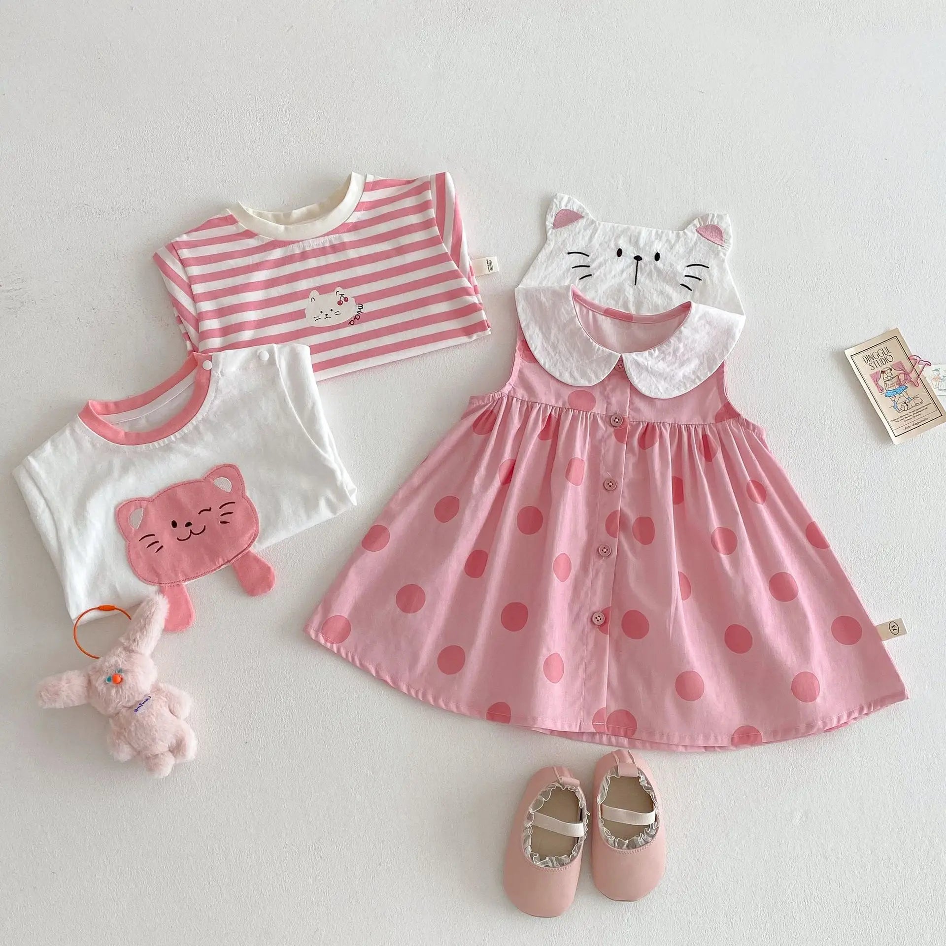 Girl's Cartoon T-shirt 2025 New Summer Baby Patch Cat Base Shirt Thin Children's Western Korean Edition Summer Dress