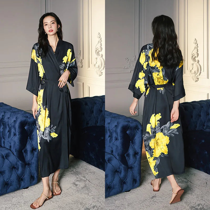 New Spring Summer Female Long Robe Nightgown Sexy Print Flower Kimono Bathrobe Gown Casual Silk Satin Home Dress Lounge Wear