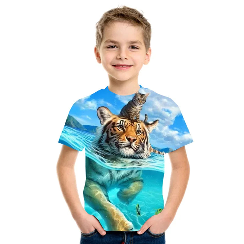 Children's T-Shirt Animal Lion 3D Printed Short Sleeve Tee Fashion Tops Round Neck Kids Clothes T-Shirt for a Boy Girl Clothes
