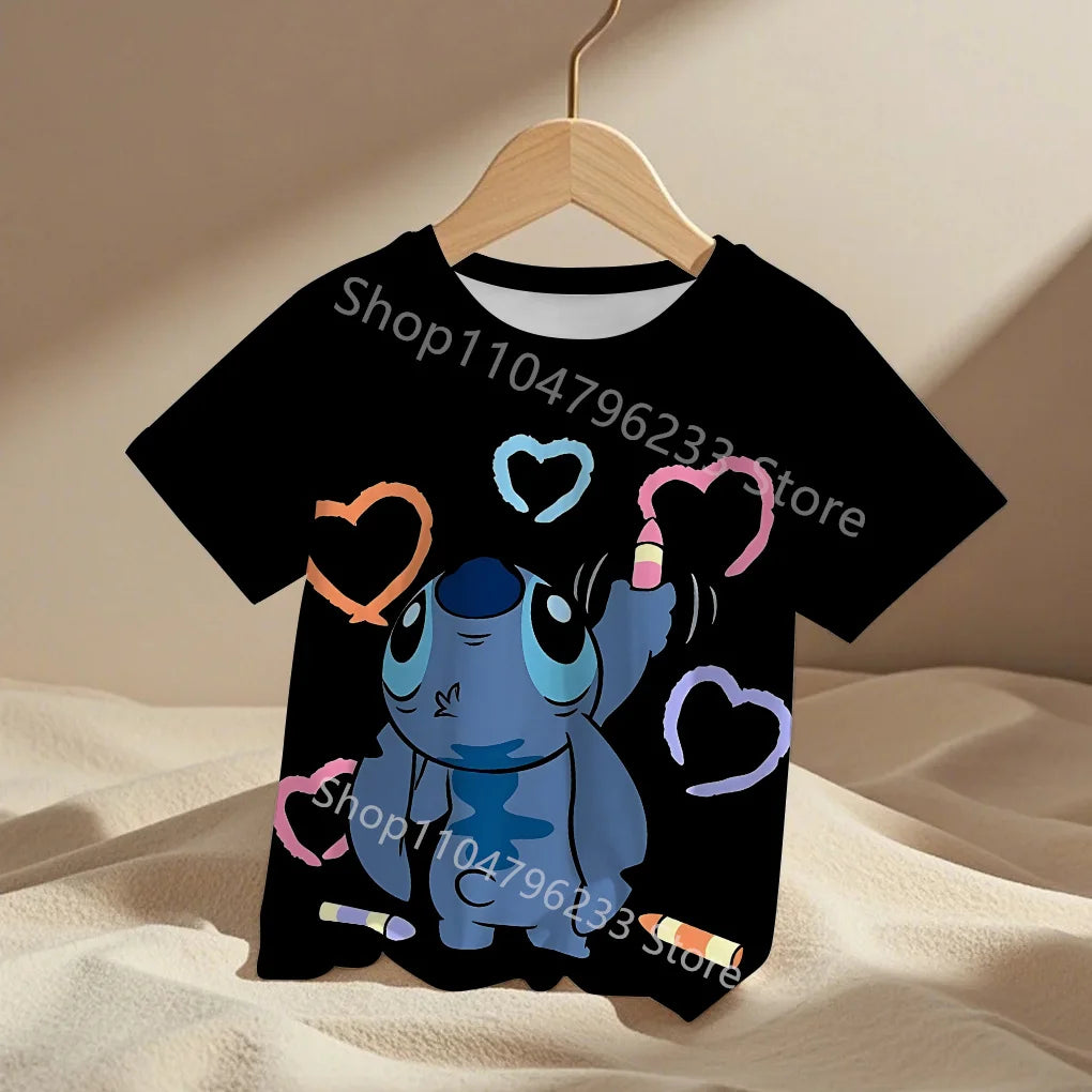 3-14Y Children's Disney Stitch T Shirts Summer Girls Lovely Short Sleeve Daily Casual Tops Boys T-shirt Homewear Graphic Tees