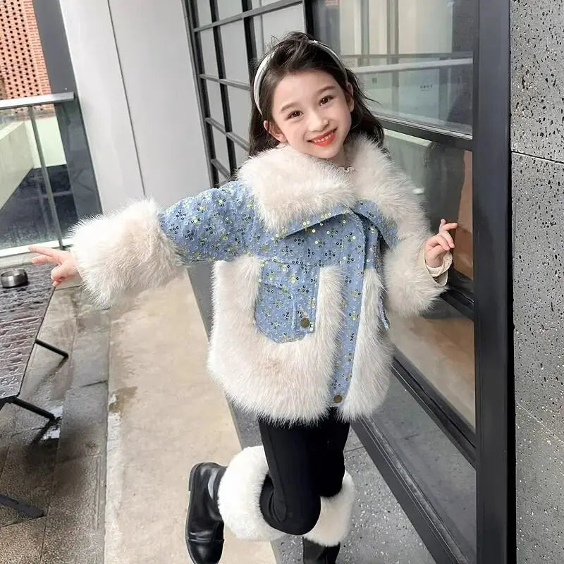 2025 New Winter Jacket Kids Girl Parkas Warm Faux Fur Coat For Girls Children Sequin Winter Clothes Soft Party Baby Girl Coats