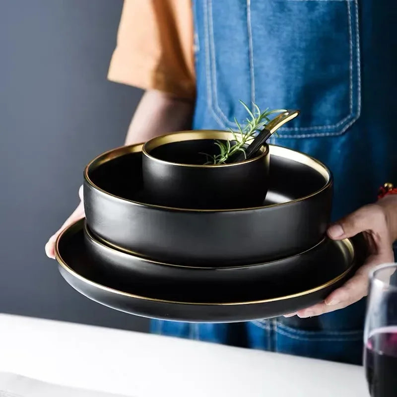 Porcelain Dinner Plates Dishes Plates and Bowls Set Black Tableware Set Food Plate Salad Soup Bowl Dinnerware Set for Restaurant