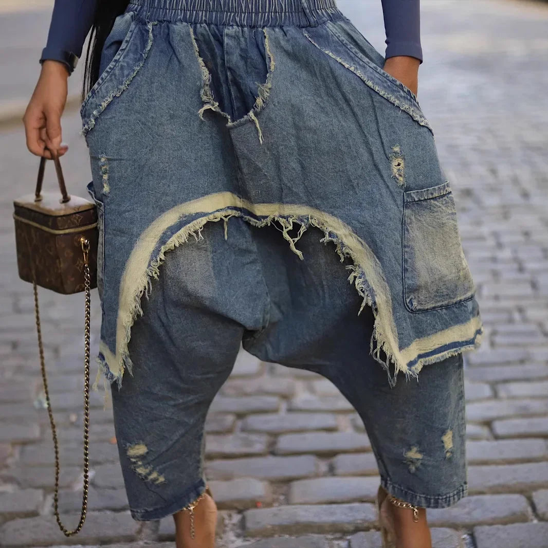 Women Jeans Harem Pants Hip Hop Punk Denim Pant Hole Elastic Waist Washed Distressed Pockets Streetwear 2025 Ripped Trousers