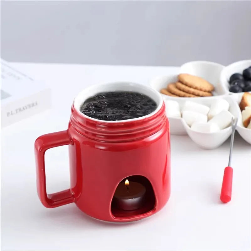 White Ceramic Chocolate Fondue Pot with 4 Dishes Forks Porcelain Diy Fondue Serving Set for Cheese, Chocolate, Icecream