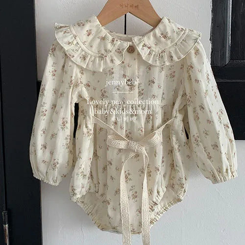 2024 New Spring 0-24M Children Clothes Korean Style Climbing Suit Long Sleeved Cotton Lace Splicing Toddler Baby Girl Romper