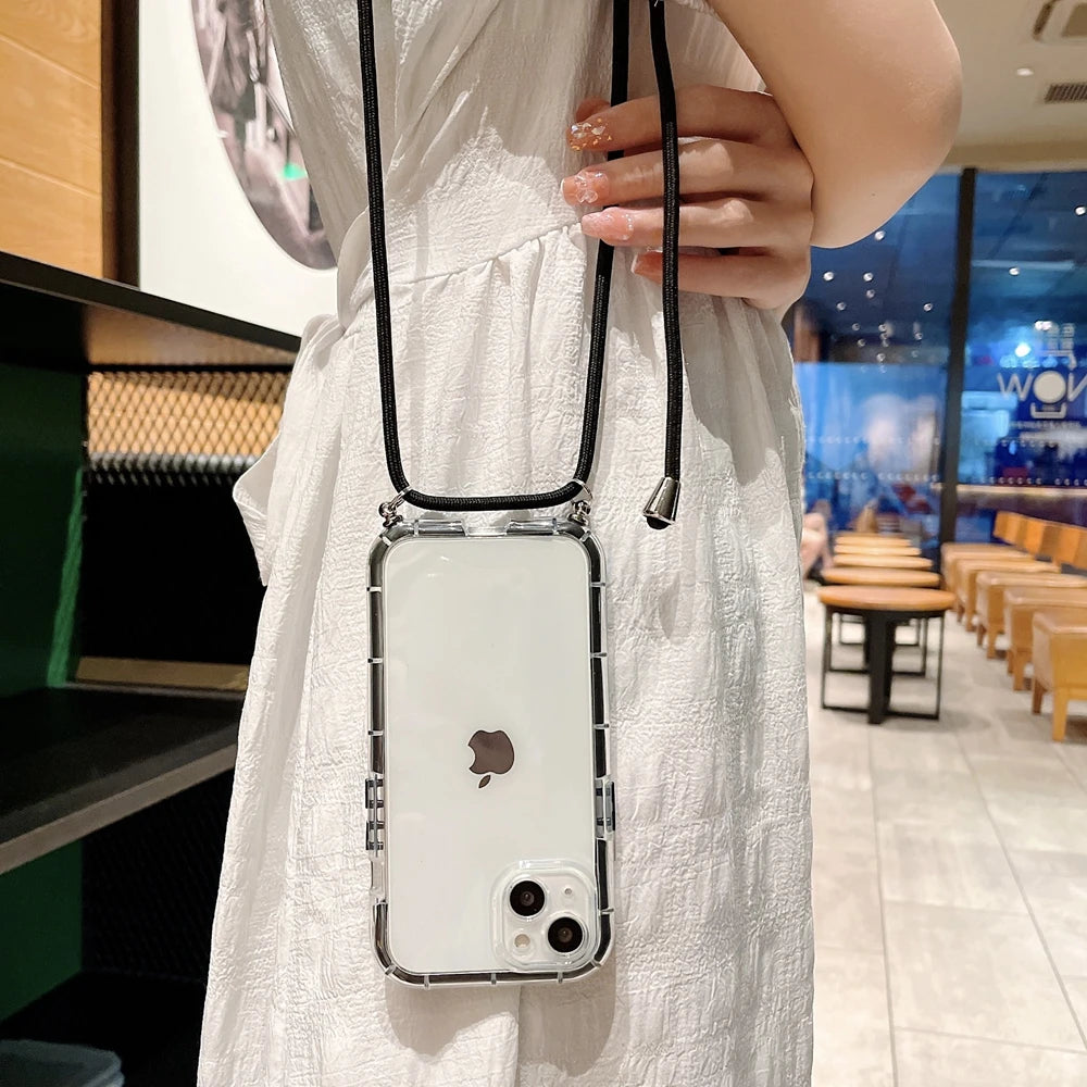 Crossbody Necklace Lanyard Strap Cord Transparent Soft Case for iPhone 14 13 12 11 Pro Max X XR XS 7 8 Plus Armor Luminous Cover