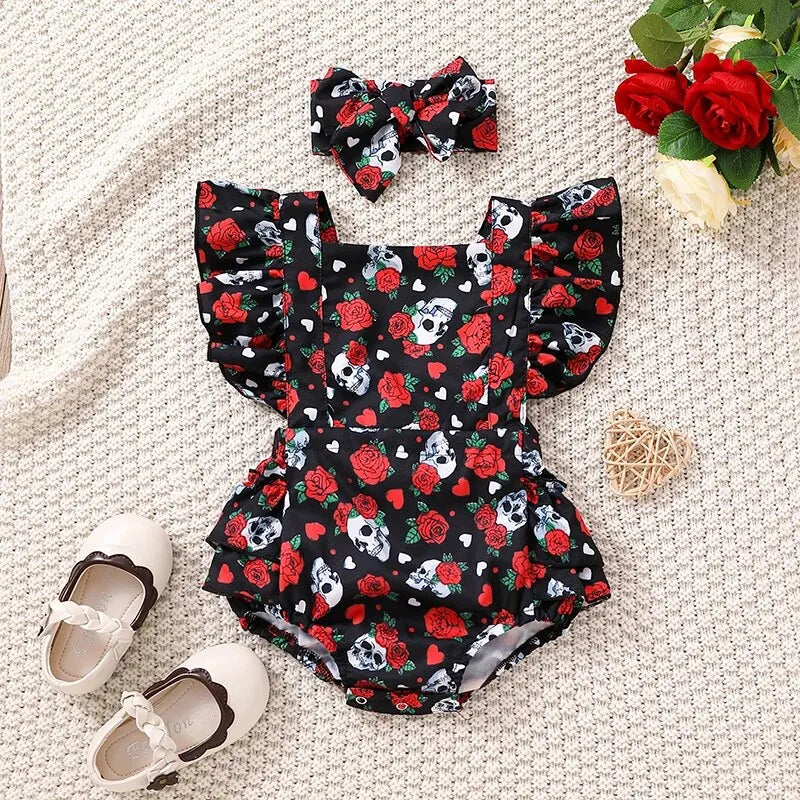 Summer Newborn Baby Clothes Pink Skull Pumpkin Sweetheart Flying Sleeves Triangle Romper Jumpsuit
