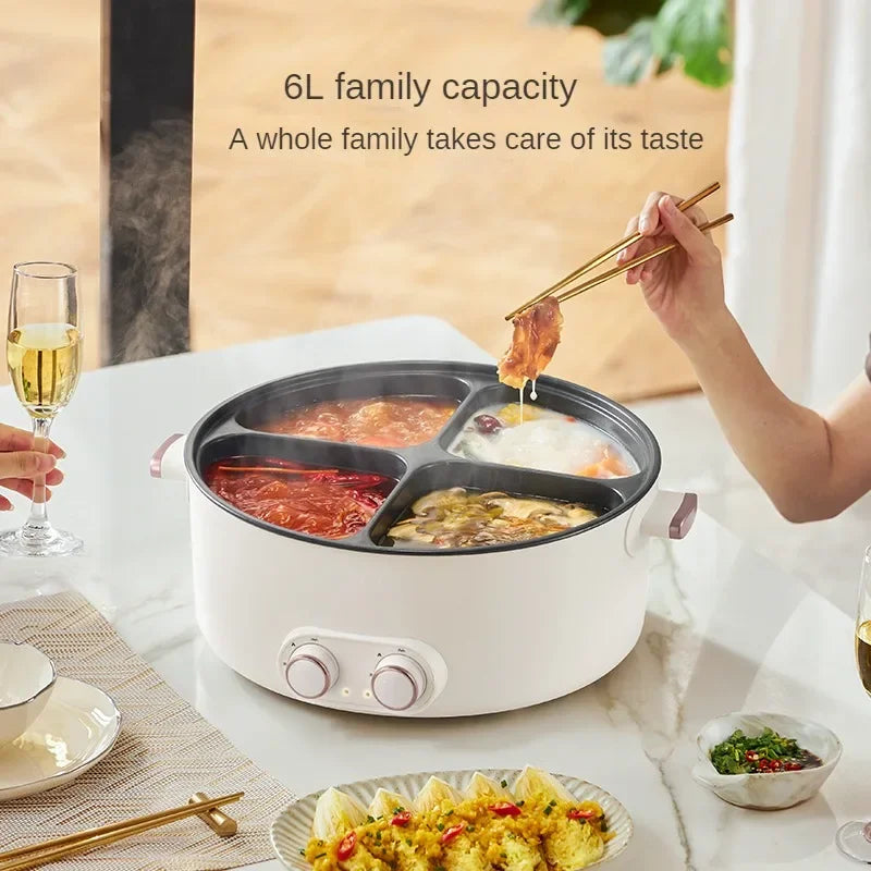6L Quad-Cooker Electric Hot Pot -2000W Multi-Temperature 4-Compartment,Non-Stick Coating,Safety Shut-Off,Family Sharing Home Use