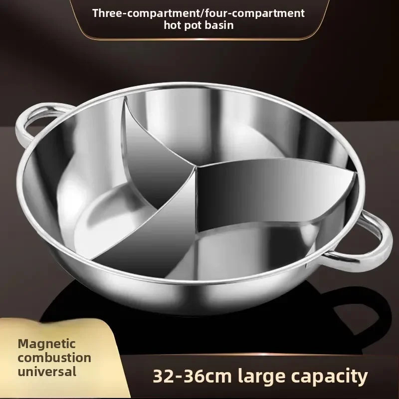 34cm Stainless Steel Hot Pot Three Divided Cookware Induction Little Sheep Pot Hot Pot Ruled Compatible Cooking Winter Party