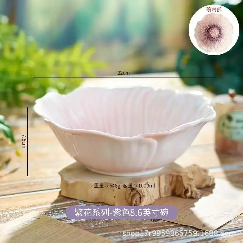 Pink Ceramic Flower Plate Dining Plates Decorative Bowl Dessert Plate Soup Bowls Water Cup Serving Plates Fruit Bowl Snack Bowls