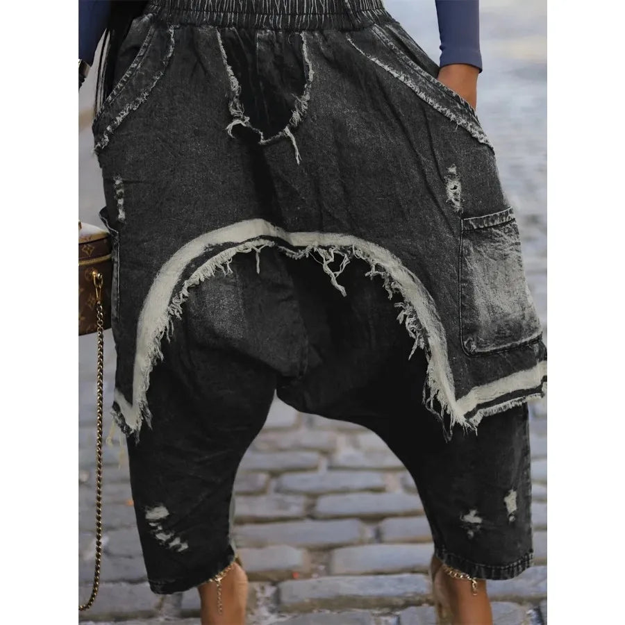 Women Jeans Harem Pants Hip Hop Punk Denim Pant Hole Elastic Waist Washed Distressed Pockets Streetwear 2025 Ripped Trousers