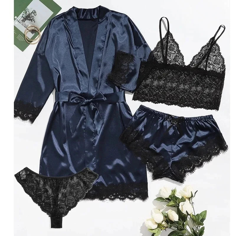 Women's Summer Sexy Pajama Pants Set 4 Pieces Lace Satin With Silk Sleepwear Robe Fashion And Comfortable Nightwear