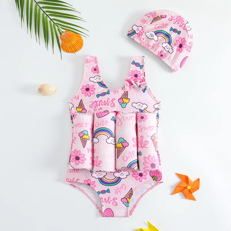 Children's Buoyancy Swimsuit One-piece Swimsuit for Kids Floating Rash Guards Cartoon Print Girls Boys Swimwear Swimming Clothes