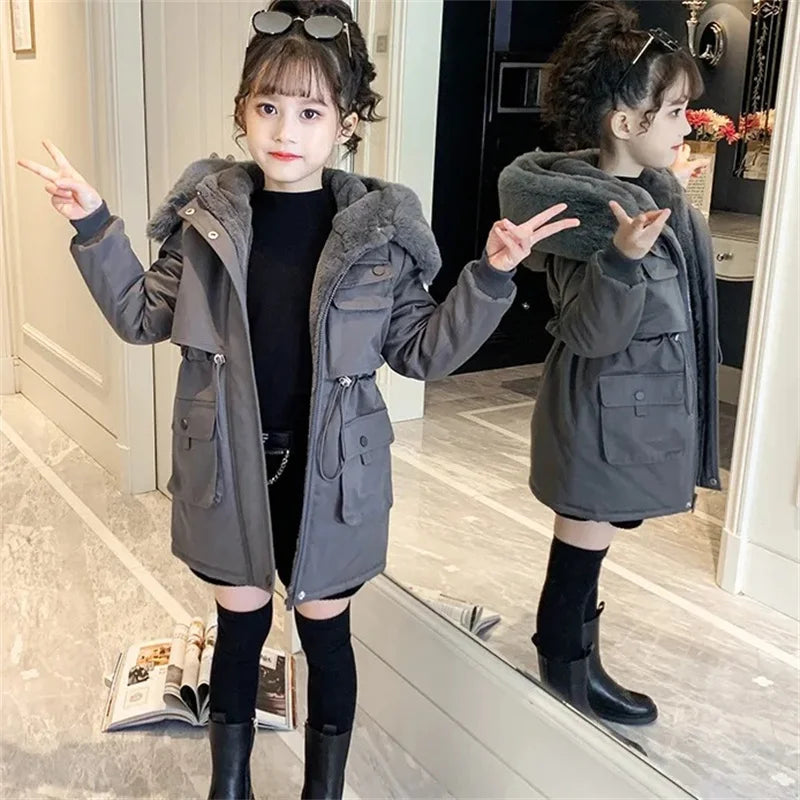 Thicken Girls Jackets Plush Velvet Fur Collar Kids Coats Children's Winter Warm Hooded Outerwear Teenager Fashion Padded Parka