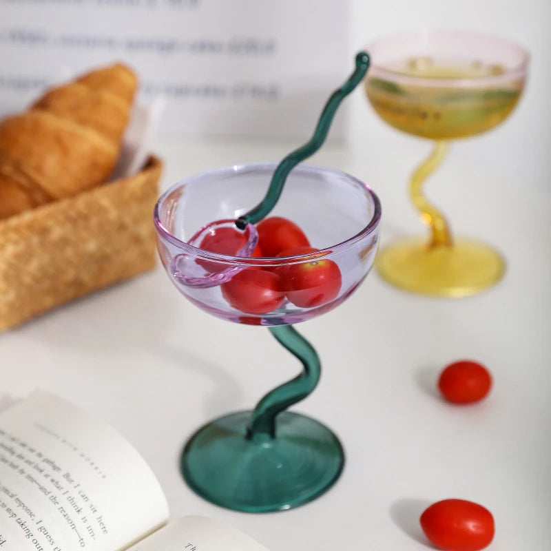 Round Bowl Goblet Dessert Glass Mug S-shaped Cup Stem Ice Cream Bowl Cup Milkshake Dessert Cup Colored Borosilicate Glass