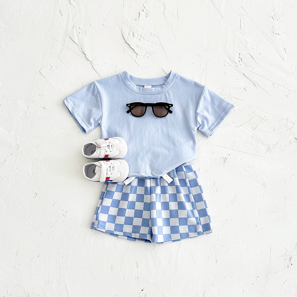 Ins Summer Newborn Boys Girls Clothing Baby Set Solid Short Sleeved T-shirt+Checkerboard Shorts Cotton Casual 2PCS 0-3Y