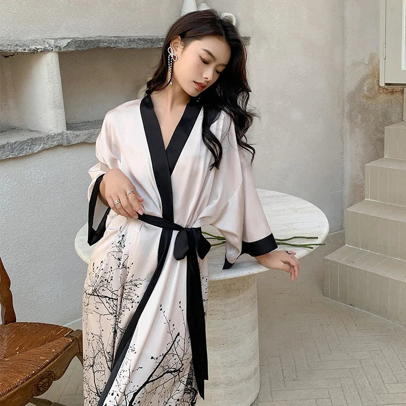 New Spring Summer Female Long Robe Nightgown Sexy Print Flower Kimono Bathrobe Gown Casual Silk Satin Home Dress Lounge Wear