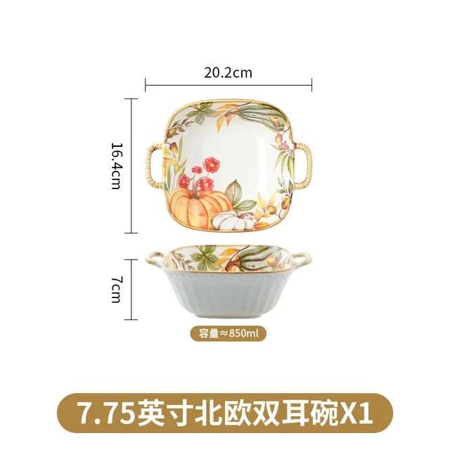 1PC Pumpkin Bowl Dish Tableware Household Ceramic Dishes Soup Double Ear Baking Plate Circular Bamboo Hat