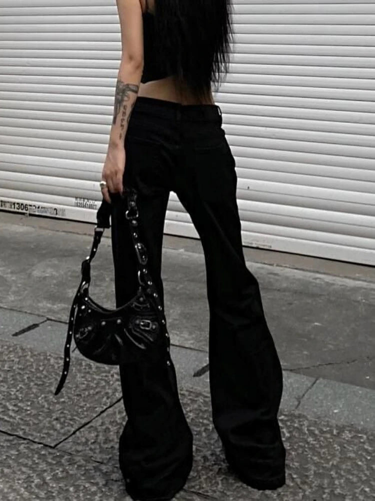 2025 Autumn Winter Women's Flared Denim Pants Y2k Low Rise Jeans Trumpet Pants Bell Bottom 2000s Slim Black Stacked Jeans New In