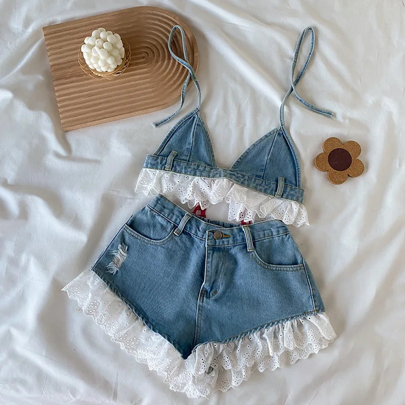 Teenage Children's Girls Summer Jeans Clothes Sets 2pcs Denim Suspenders+Shorts Beach Outfits 4 6 7 8 9 10 11 12 13 14 Years