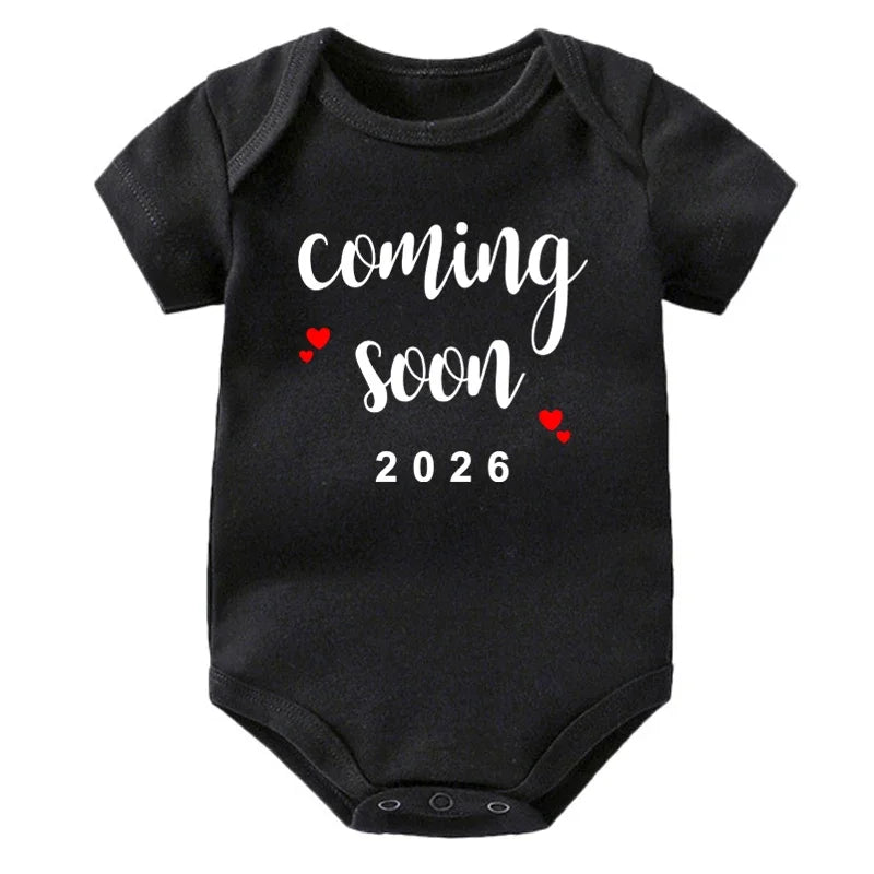 Coming Soon 2026 Baby Announcement Clothes Cotton Newborn Baby Bodysuits Summer Boys Girls Romper Body Pregnancy Reveal Clothes