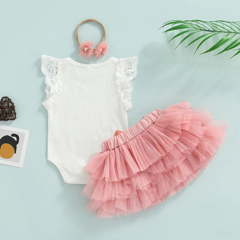 3 Pcs Baby Girls Casual Princess Outfits Cotton Letter Fly Sleeve Round Neck Bodysuit + Tulle Tutu Skirt + Bow Headband