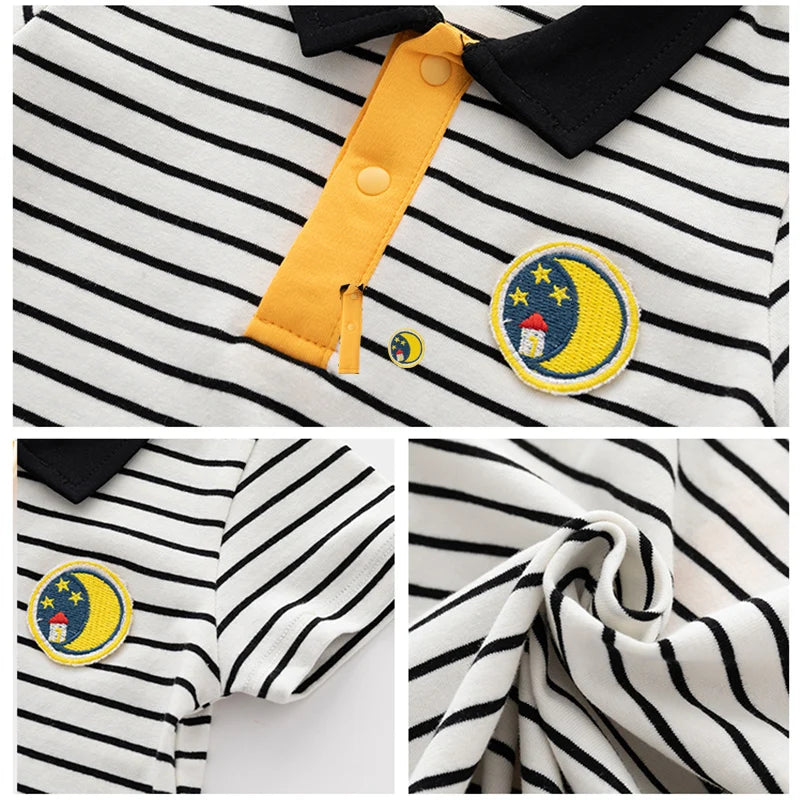 Baby boy preppy style jumpsuit striped jumpsuit summer newborn baby clothes summer handsome and stylish thin pure cotton short-