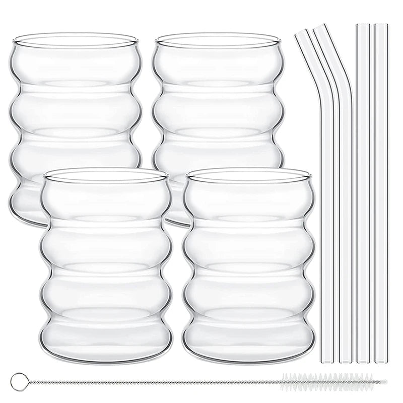 4 Pcs Creative Glass Cups Cute Ripple Shaped Vintage Drinking Glasses Ribbed Glassware with Straws Set for Kitchen Coffee Juice