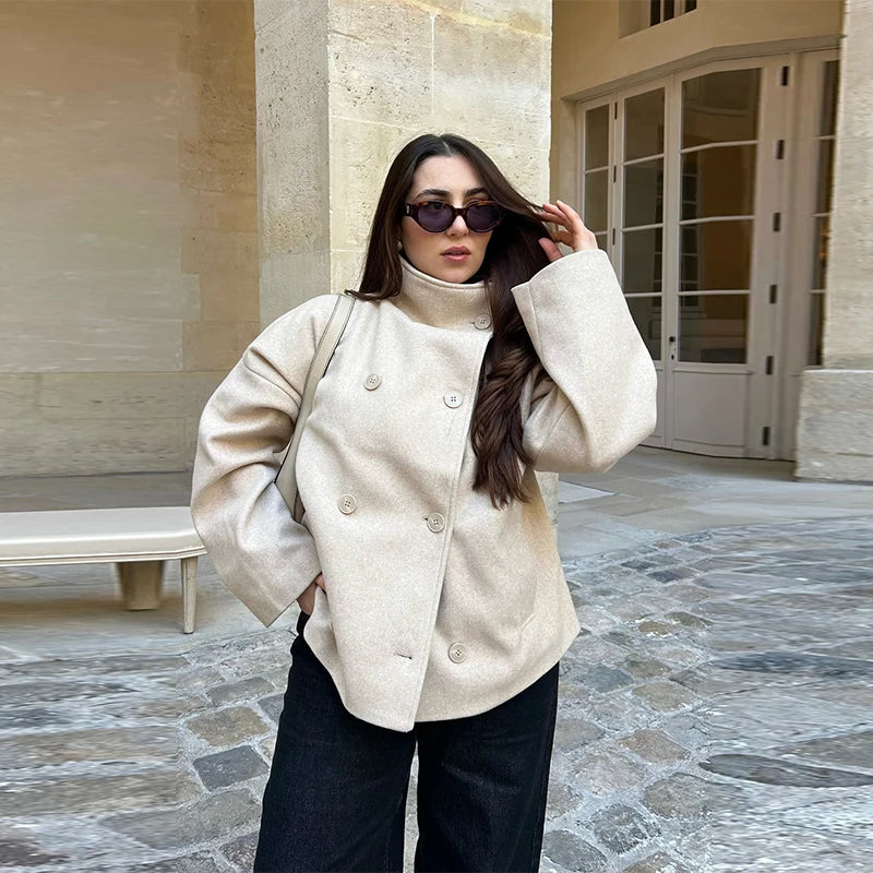Casual Women's Short Woolen Coats Loose Lapel Single-breasted Long Sleeve Thick Jacket 2025 Autumn Winter Lady Elegant Outwear
