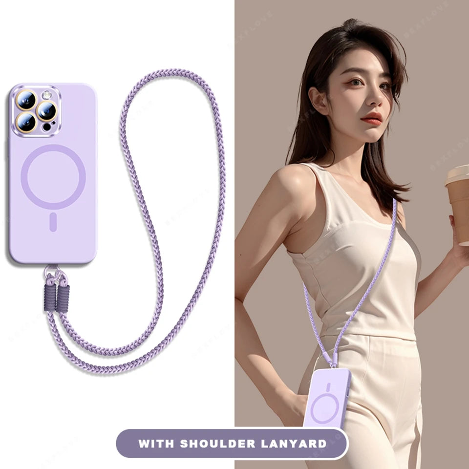 Lanyard Magnetic Phone Case For iPhone 15 14 16 Plus 11 12 13 16 Pro Max Magsafe Liquid Silicone Strap Charge Protector Cover