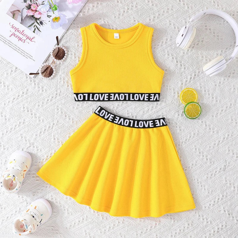 2PCS Children Baby Girl Clothing Set Sweet Sporty Style Round Neck Vest Top+Short Skirt Fashion Summer Outfit for 3-8Y Kids Girl