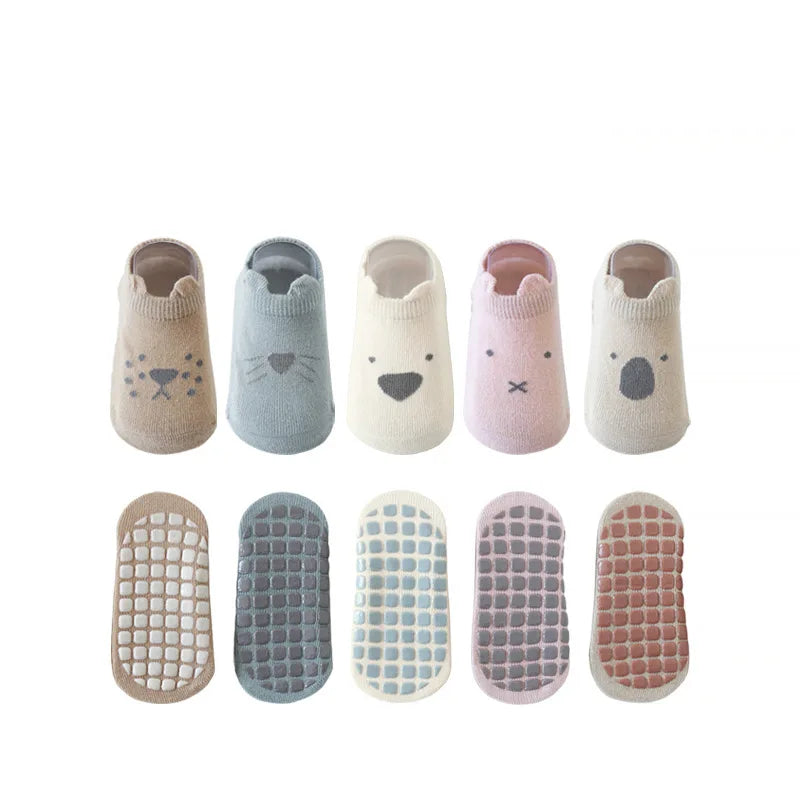 5Pairs/lot 2024 New 0-5Years Anti-slip Non Skid Ankle Socks With Grips For Baby Toddler Kids Boys Girls All Seasons Cotton Socks