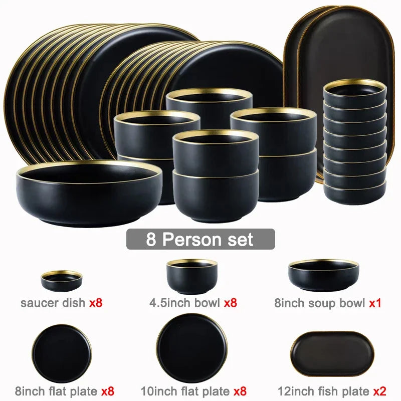 Porcelain Dinner Plates Dishes Plates and Bowls Set Black Tableware Set Food Plate Salad Soup Bowl Dinnerware Set for Restaurant