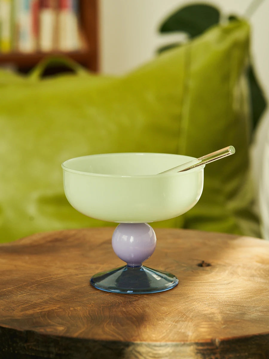 Round Bowl Goblet Dessert Glass Mug S-shaped Cup Stem Ice Cream Bowl Cup Milkshake Dessert Cup Colored Borosilicate Glass