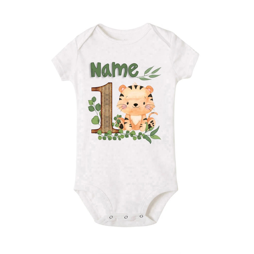 Personalized Safari Animal with Name Baby Romper Newborn Wild One Jungle Birthday Party Bodysuit Jumpsuit Infant Shower Gifts
