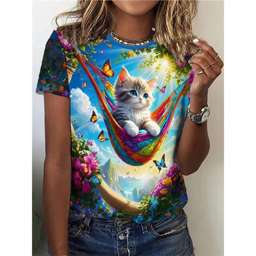 Funny Cat Pattern Children's T-Shirt Girl Cute Animal 3D Printed Fashion Top Short Sleeve Tee Summer Children Clothes Girl Tops