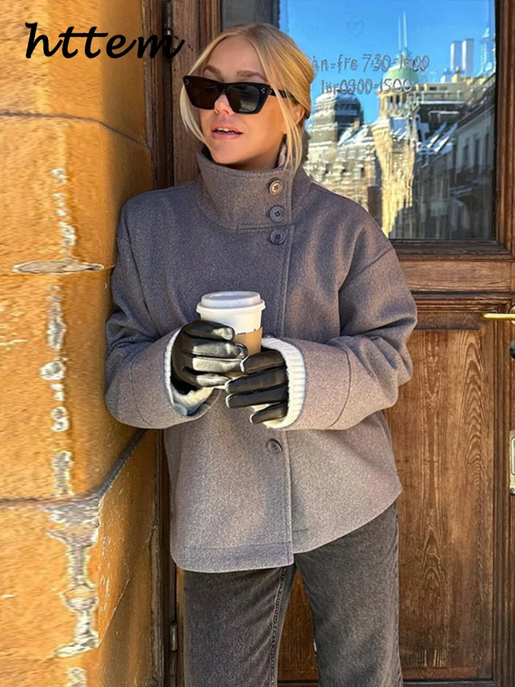 Casual Women's Short Woolen Coats Loose Lapel Single-breasted Long Sleeve Thick Jacket 2025 Autumn Winter Lady Elegant Outwear