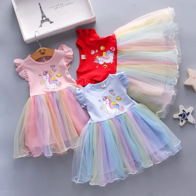 Summer Princess Unicorn Party Dress for Girls with Flying Sleeves Children's Clothing 3-8 Years Old Baby Dresses