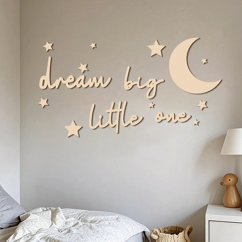 Dream Big Little One Wall Sticker Wall Art Wooden Sign for Baby Nursery Kids Room Inspirational Motivational Wooden Craft