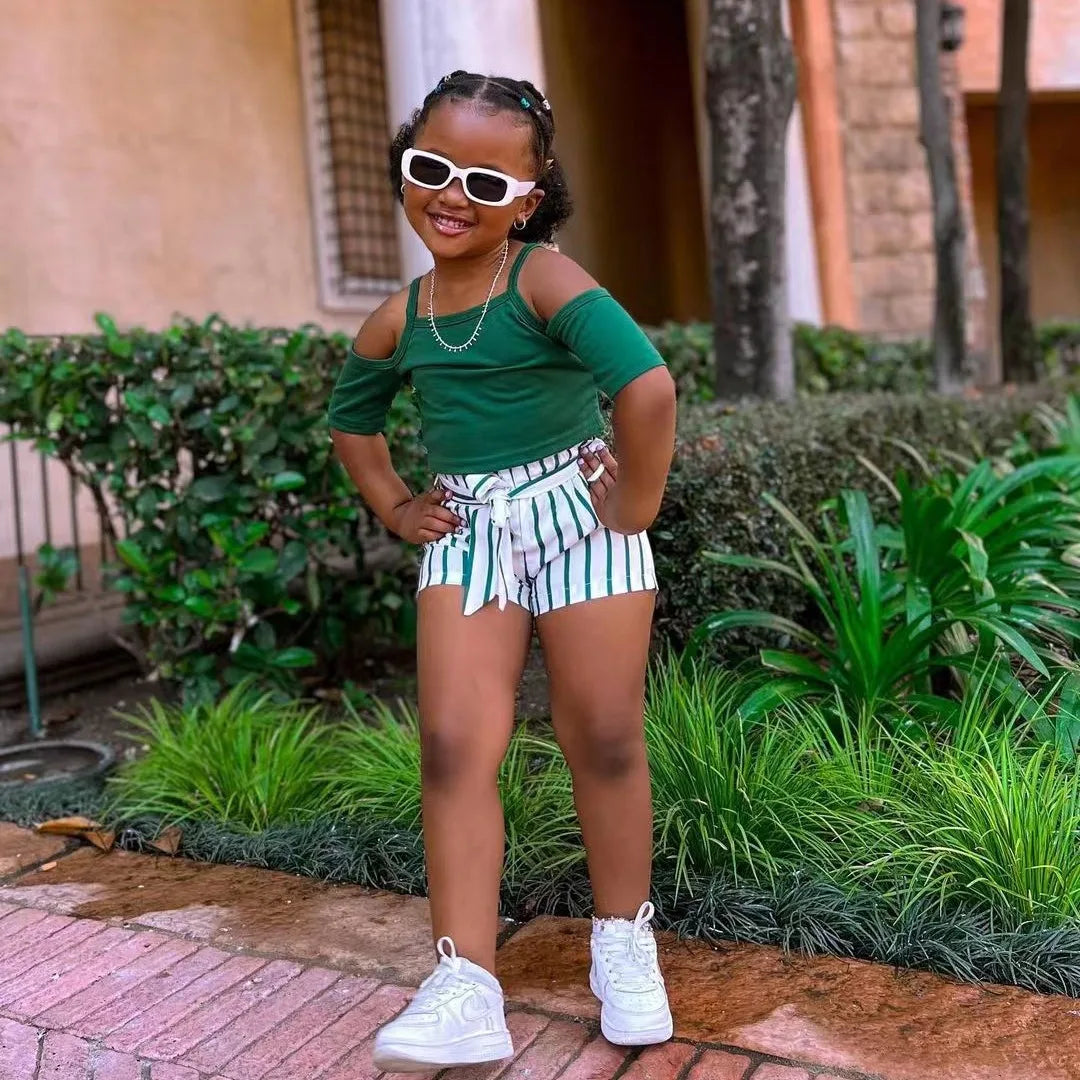 2025 Summer New Toddler Kids Girls Clothes Outfits Short Sleeve T-shirt+Striped Shorts Pants Child Casual Clothing Sets 1-8Years