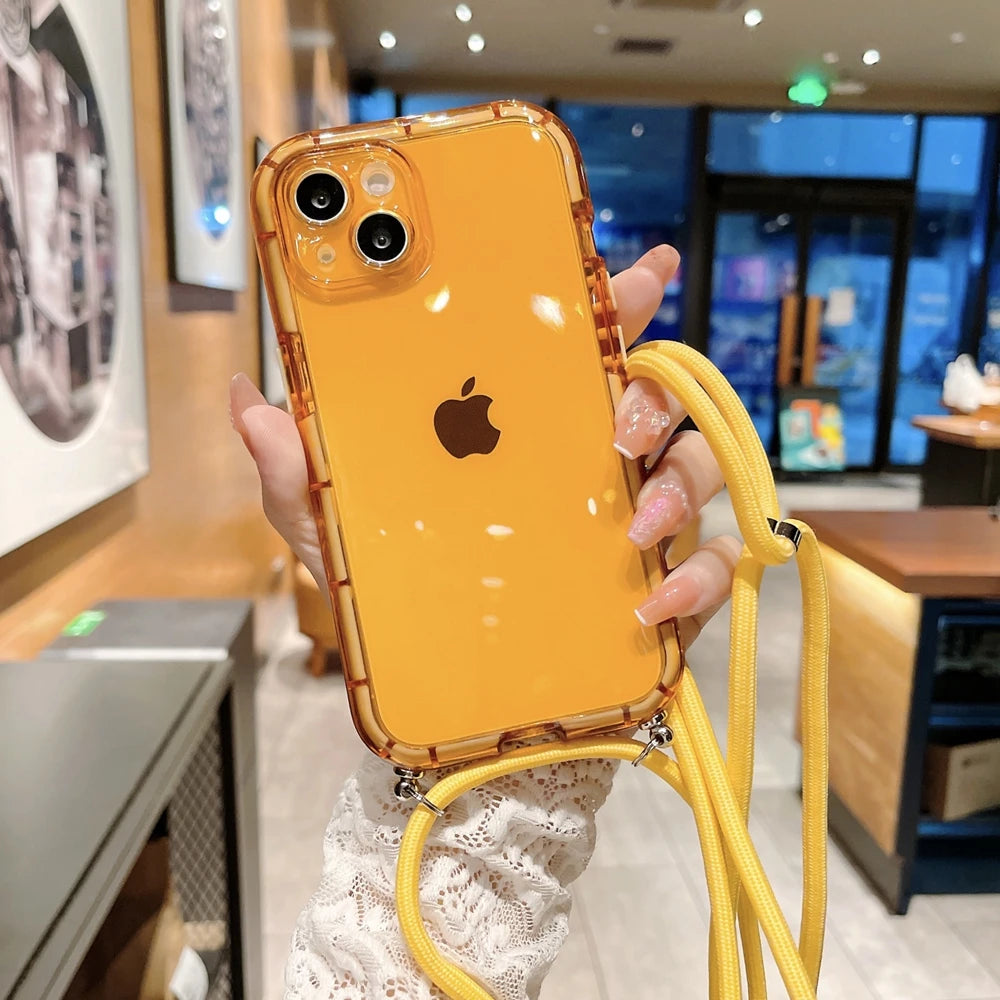 Crossbody Necklace Lanyard Strap Cord Transparent Soft Case for iPhone 14 13 12 11 Pro Max X XR XS 7 8 Plus Armor Luminous Cover