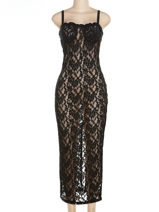 Women's Black Lace Long Dress, Sleeveless See-Through Dress, Sexy Flirty Nightclub Party Bodycon Dresses