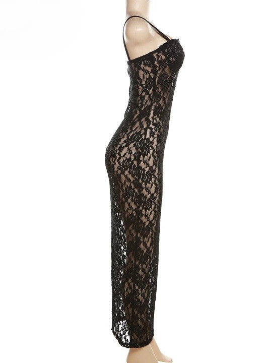 Women's Black Lace Long Dress, Sleeveless See-Through Dress, Sexy Flirty Nightclub Party Bodycon Dresses
